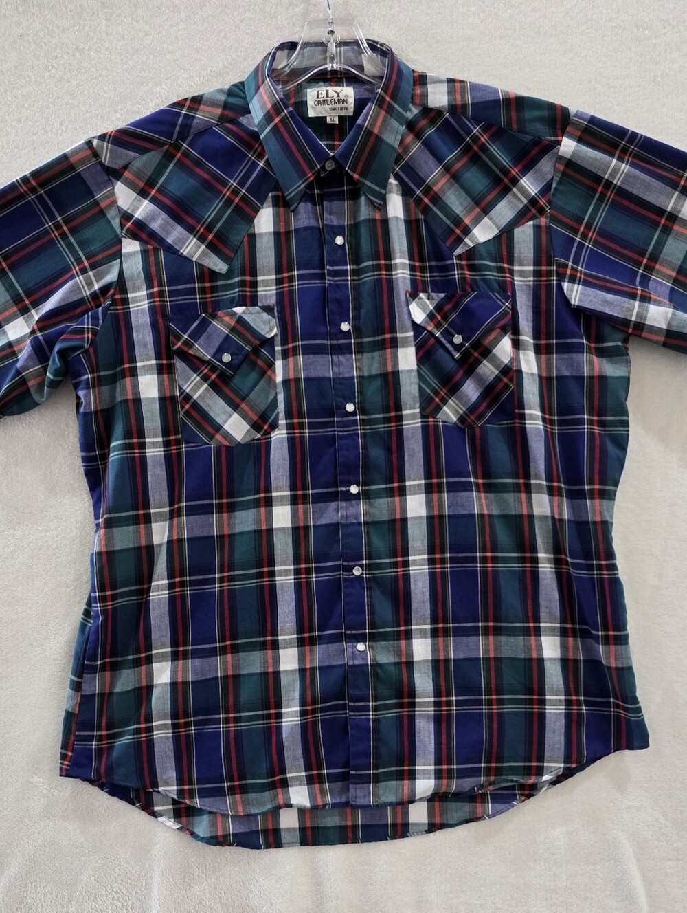 Ely Cattleman Pearl Snap Shirt Mens XL Blue Green Plaid Western Rockabilly VTG